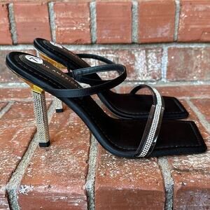 GOOD AMERICAN Black Satin Rhinestone Strappy Heels Square Toe Stiletto Size 7.5